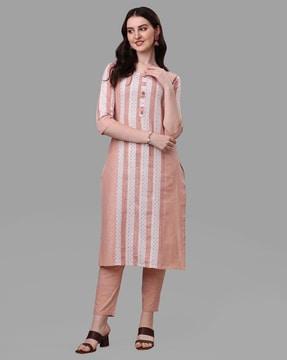 women striped straight kurta set with dupatta