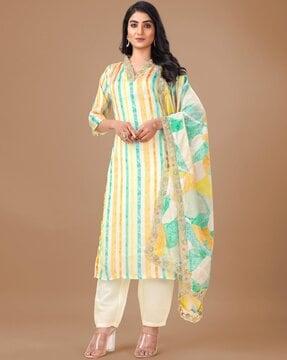 women striped straight kurta set with dupatta