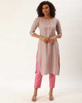 women striped straight kurta set with pants