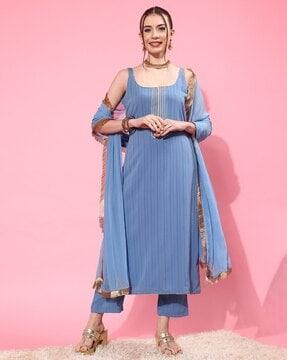 women striped straight kurta set