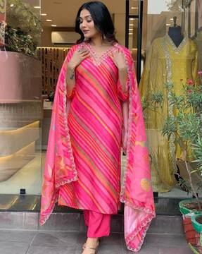 women striped straight kurta suit set