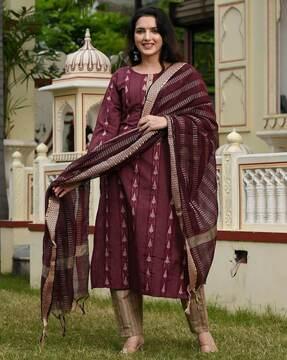 women striped straight kurta suit set