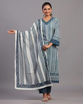 women striped straight kurta suit set