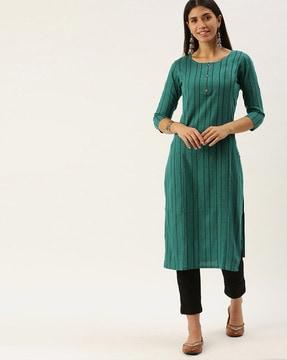 women striped straight kurta with bracelet sleeves