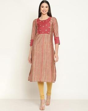 women striped straight kurta with insert pocket