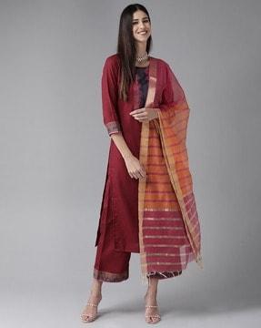 women striped straight kurta with palazzos & dupatta