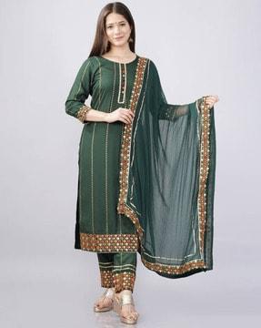 women striped straight kurta with pants & dupatta set