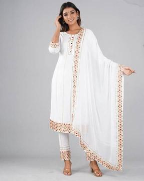 women striped straight kurta with pants & dupatta set