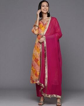 women striped straight kurta with pants & dupatta