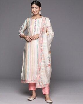 women striped straight kurta with pants & dupatta