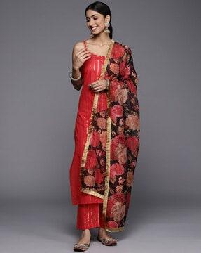 women striped straight kurta with pants & dupatta