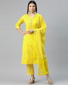 women striped straight kurta with pants & dupatta