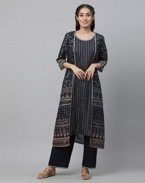 women striped straight kurta with pants & jacket