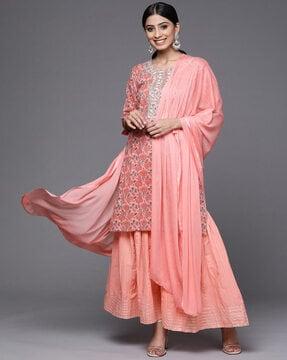 women striped straight kurta with sharara & dupatta