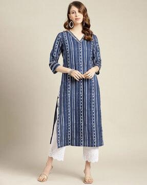 women striped straight kurta with v-neck