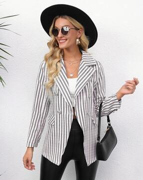 women striped tailored fit trench coat with flap pockets