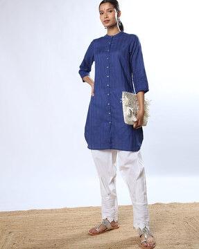 women striped tunic with band collar