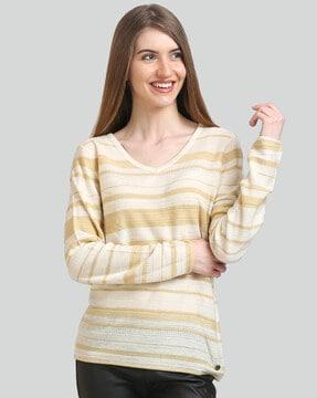 women striped v-neck pullover