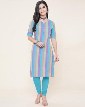 women striped v-neck straight kurta