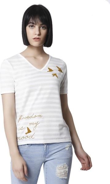 women striped v neck viscose rayon white t-shirt