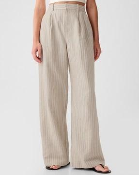 women striped wide-leg pleated linen pants