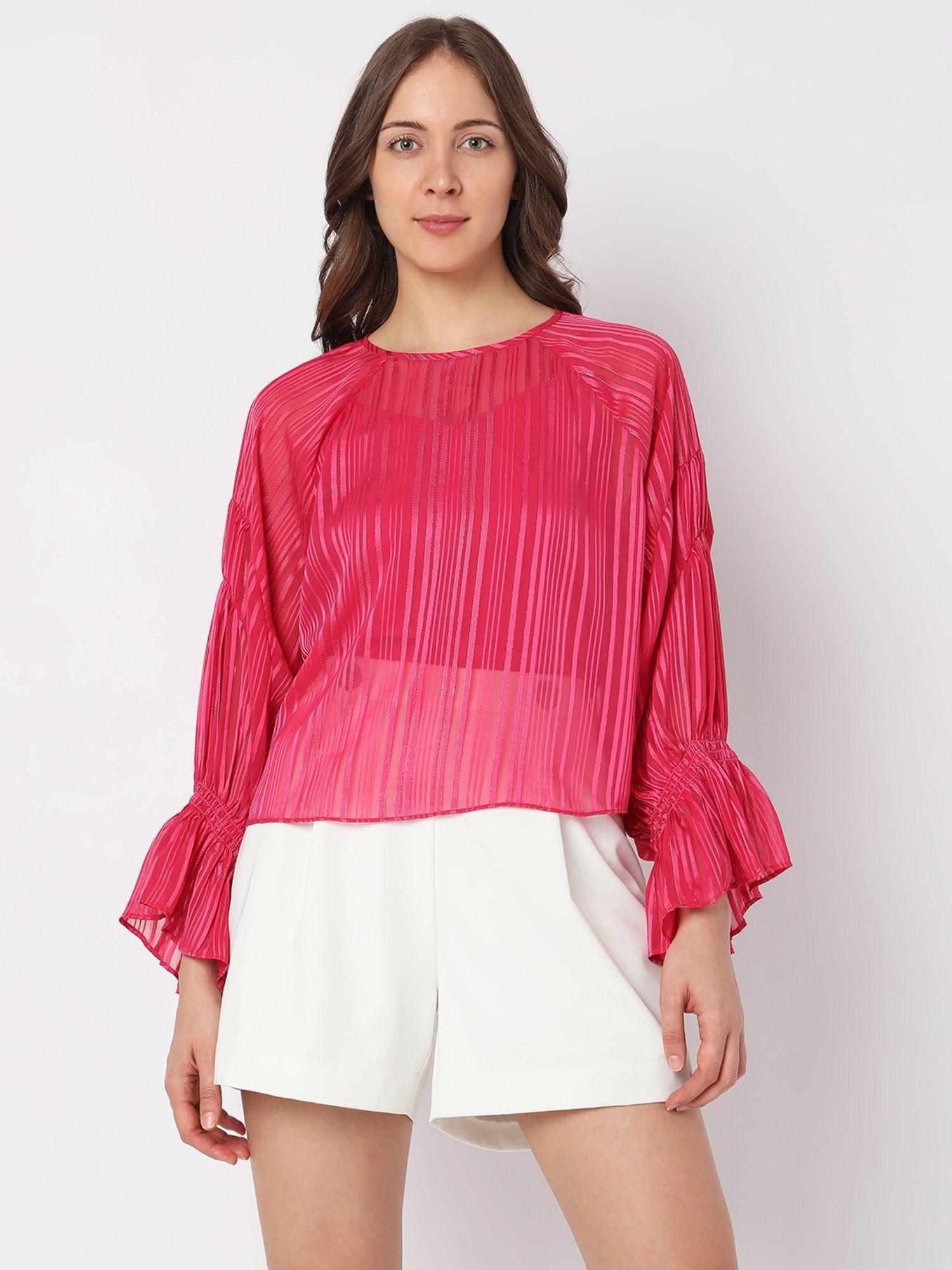 women stripes evening wear magenta top (xs)