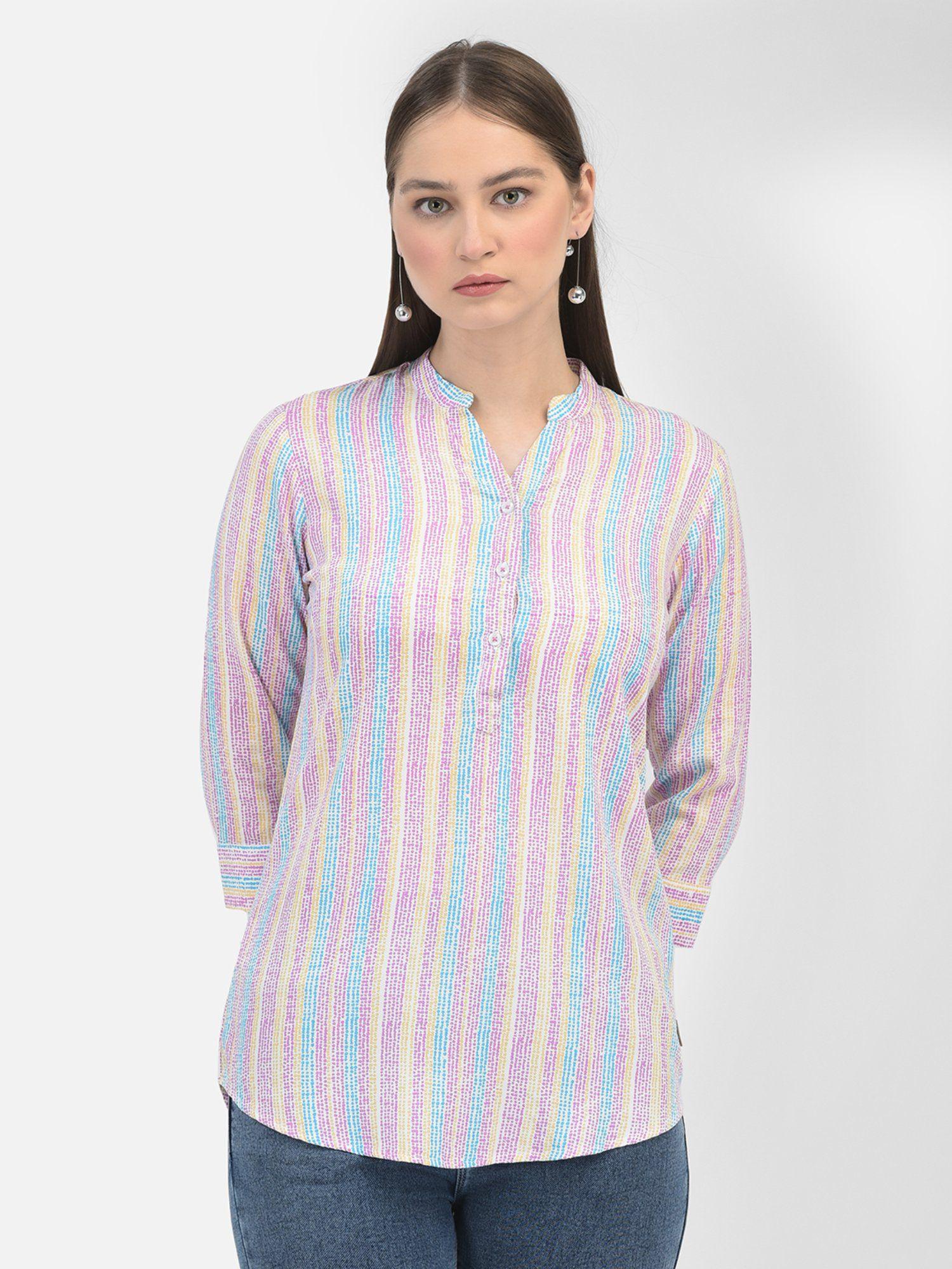 women stripes multi-color three fourth sleeves mandarin neck top