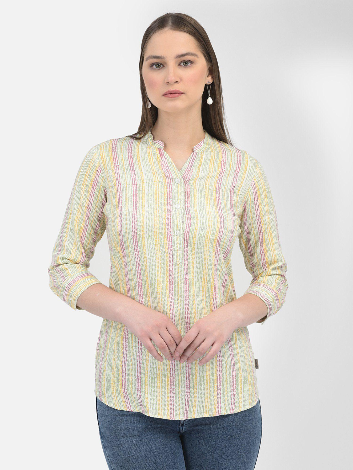 women stripes multi-color three fourth sleeves mandarin neck top