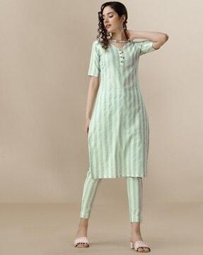 women stripes straight kurta & pants set