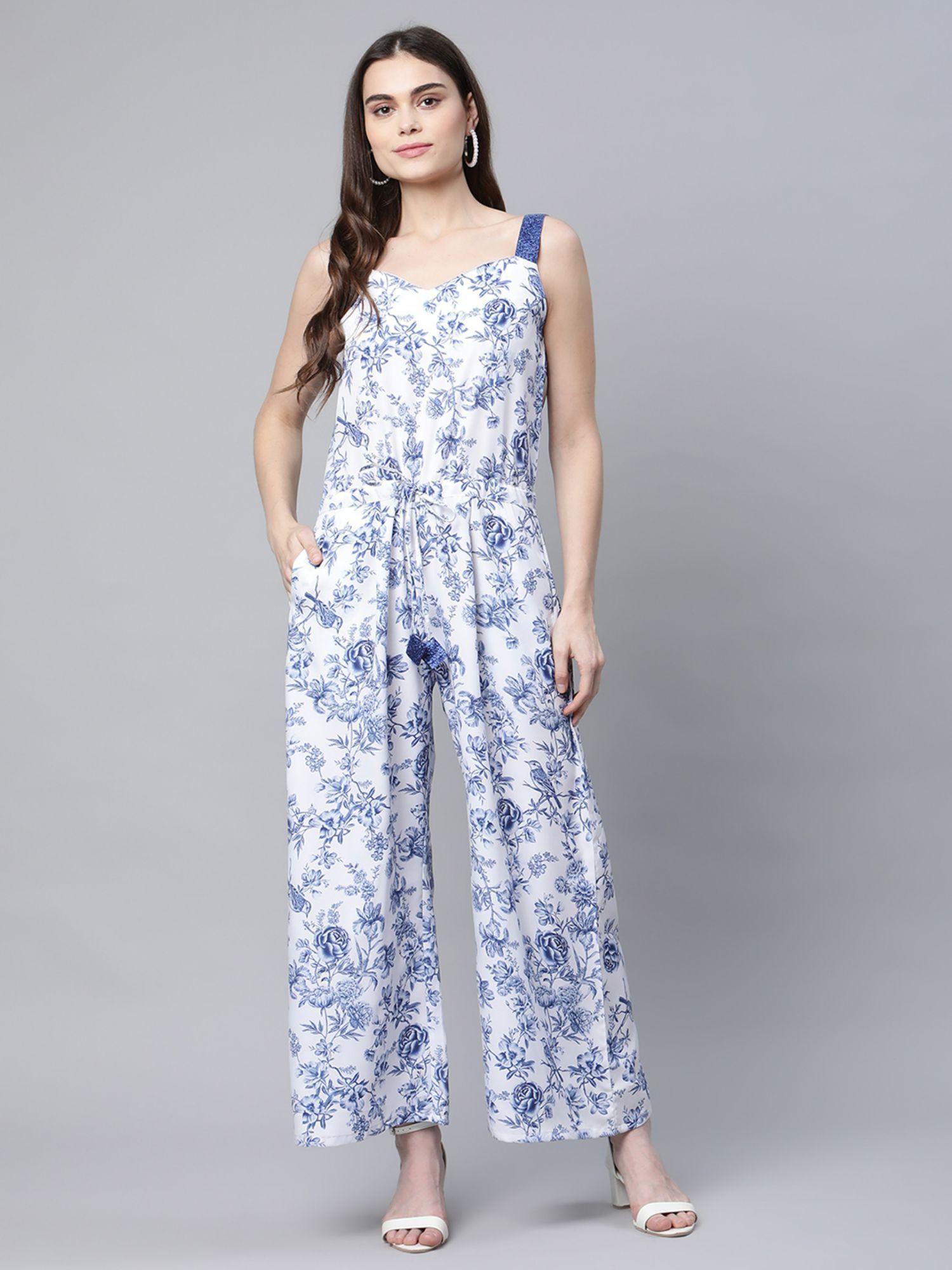 women stunning blue printed cinched waist jumpsuit