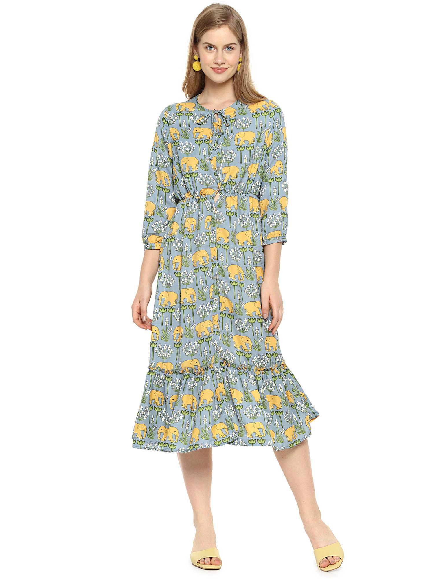 women stylish green floral design casual dress