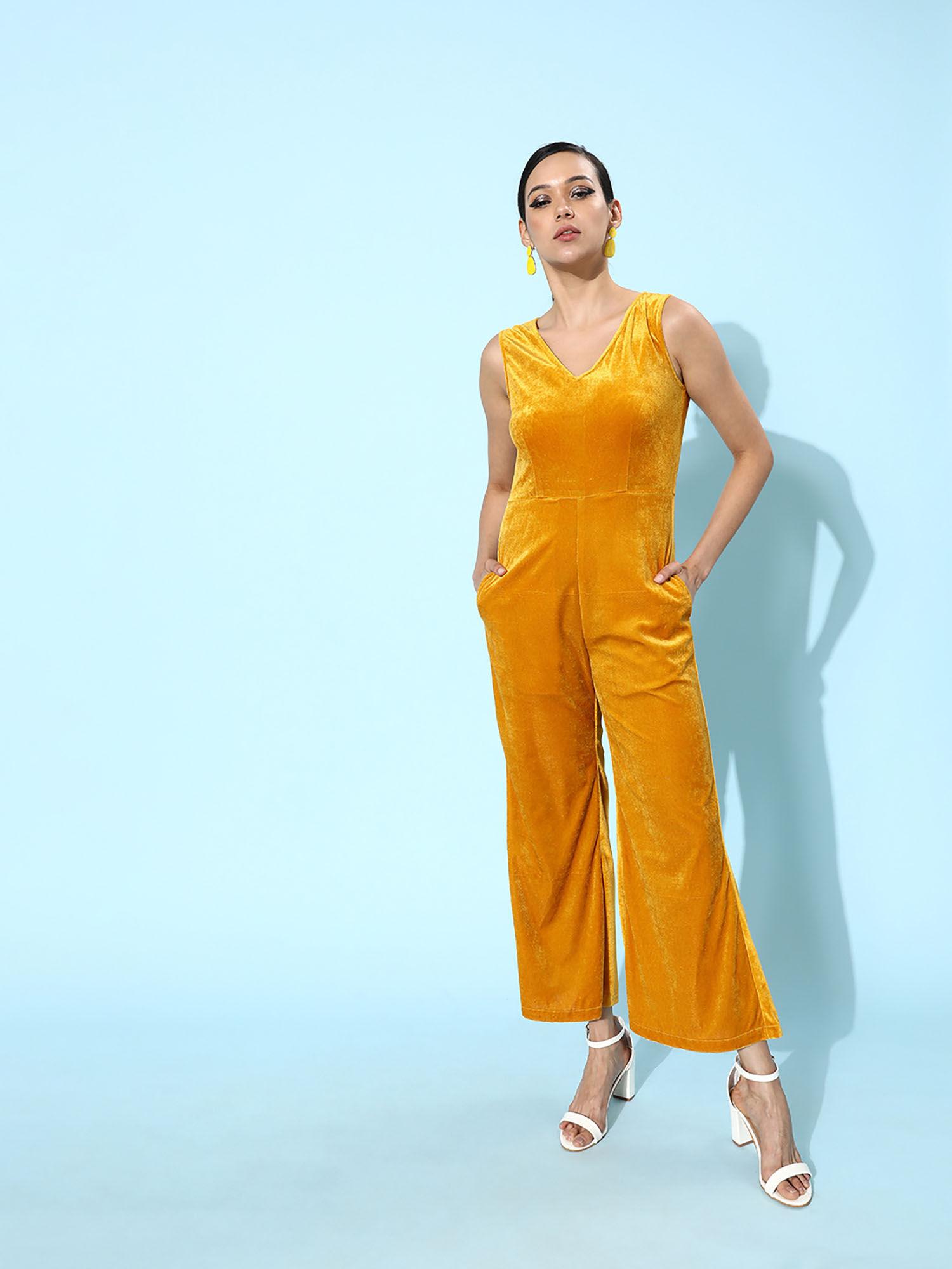 women stylish mustard solid velvet jumpsuit