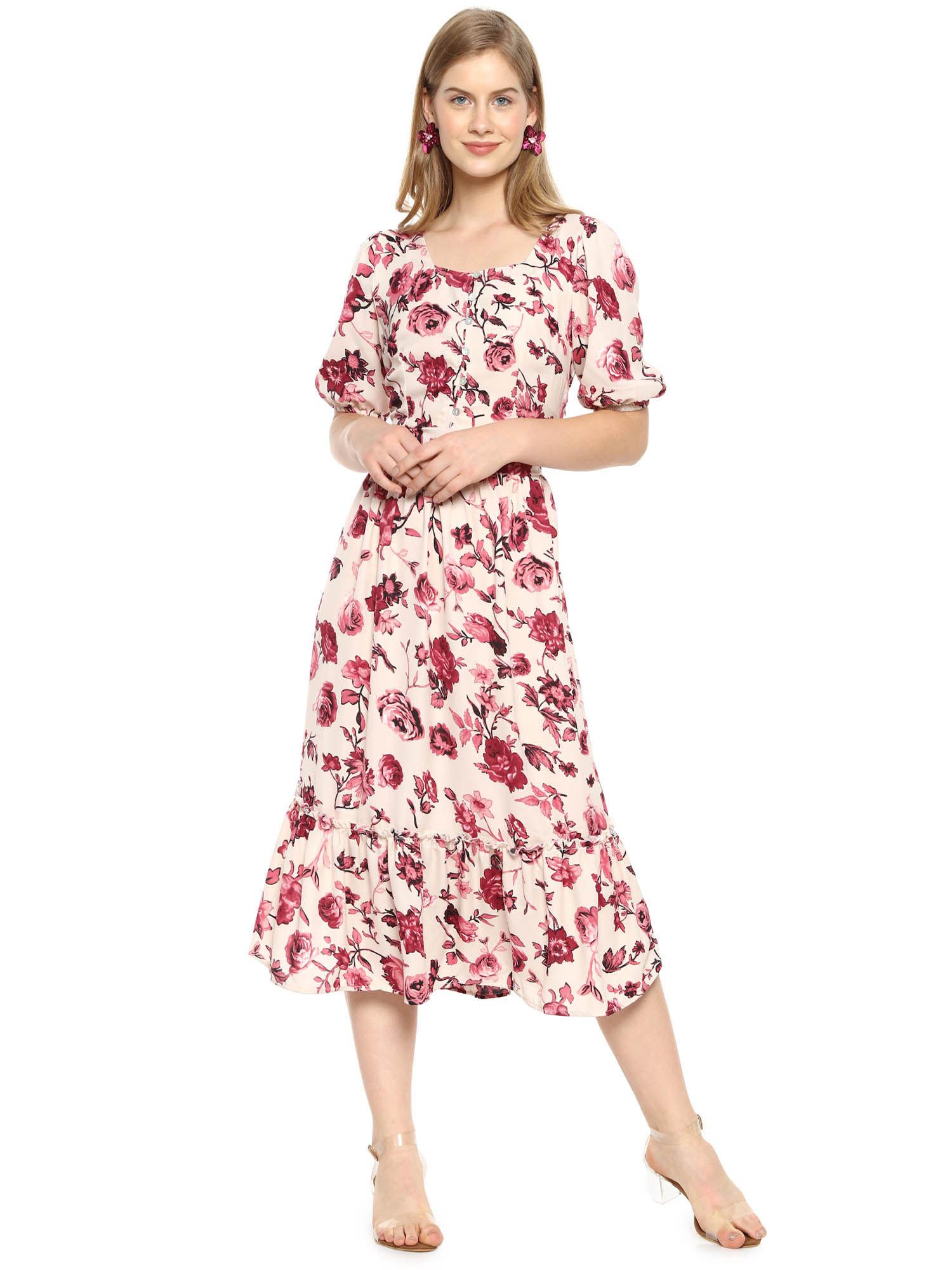 women stylish peach floral design casual dress