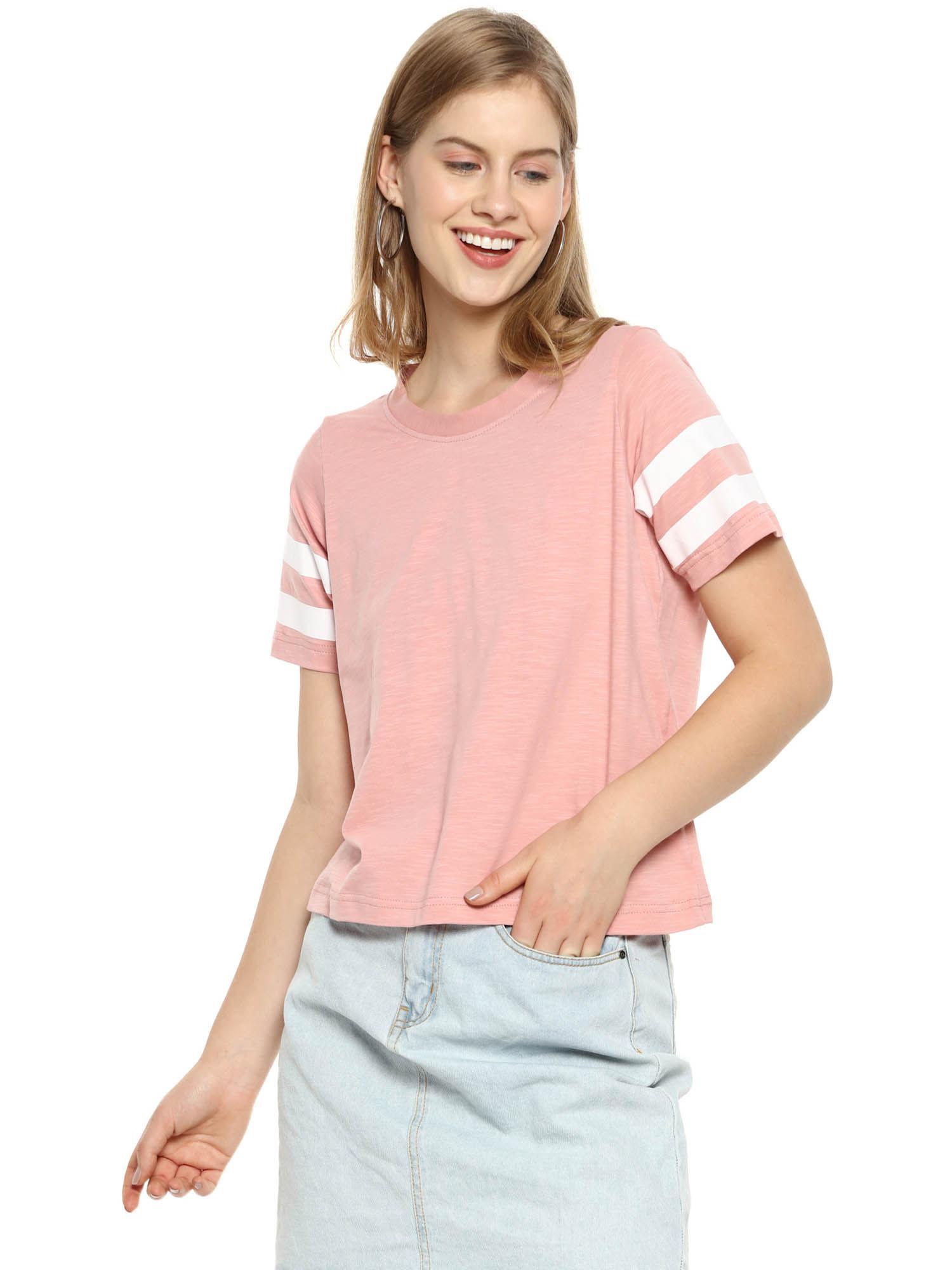 women stylish pink solid half sleeve casual tops