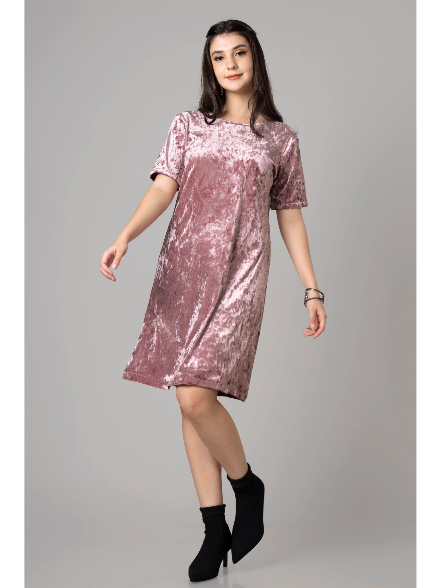 women stylish pink velvet t-shirt dress