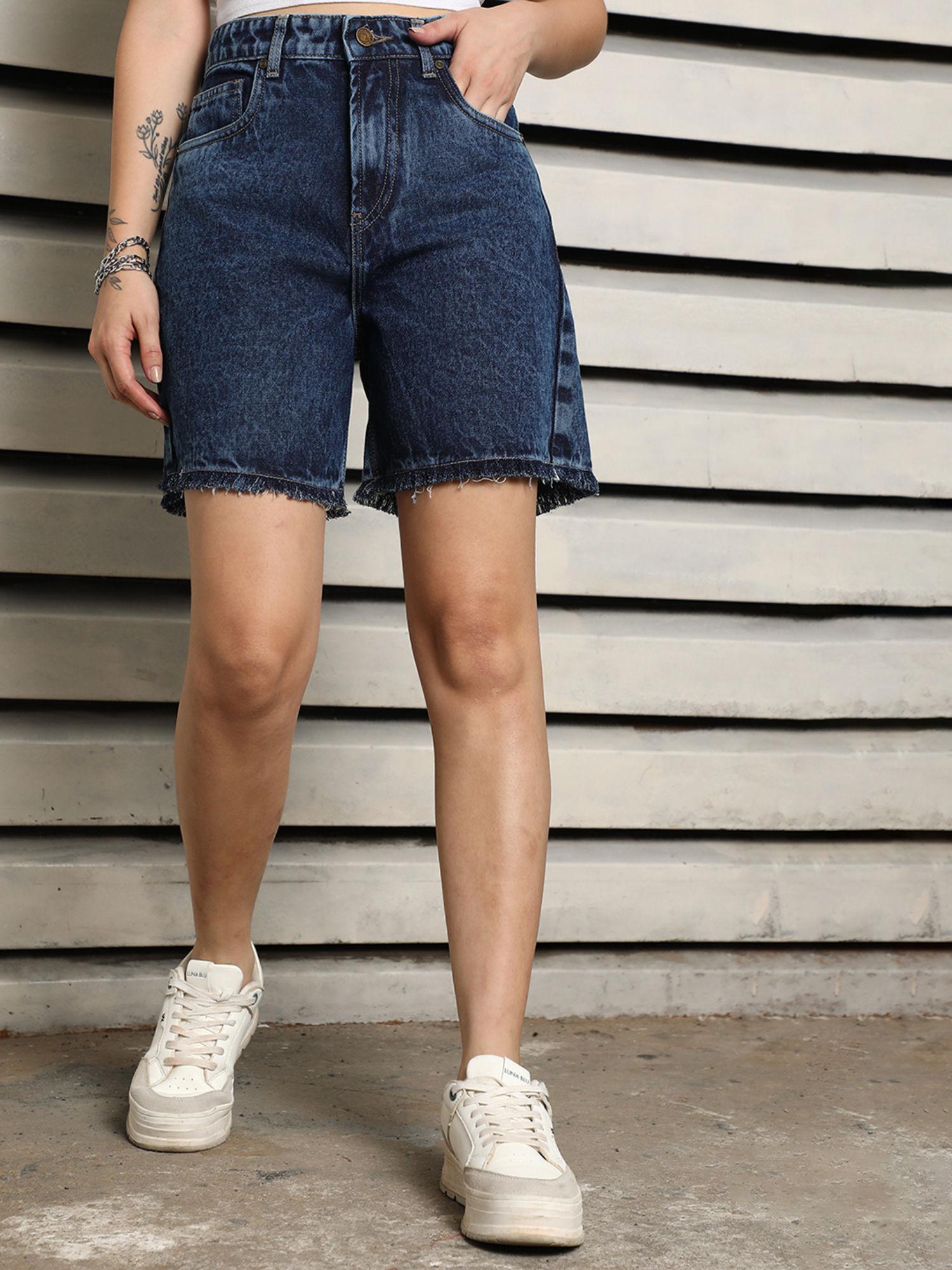 women summer blue cotton regular fit high-rise denim shorts