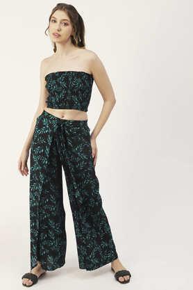 women summer coord set printed 2 pcs crop top with palazzo resort wear - black