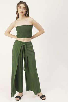 women summer coord set solid 2 pcs crop top with palazzo resort wear - green