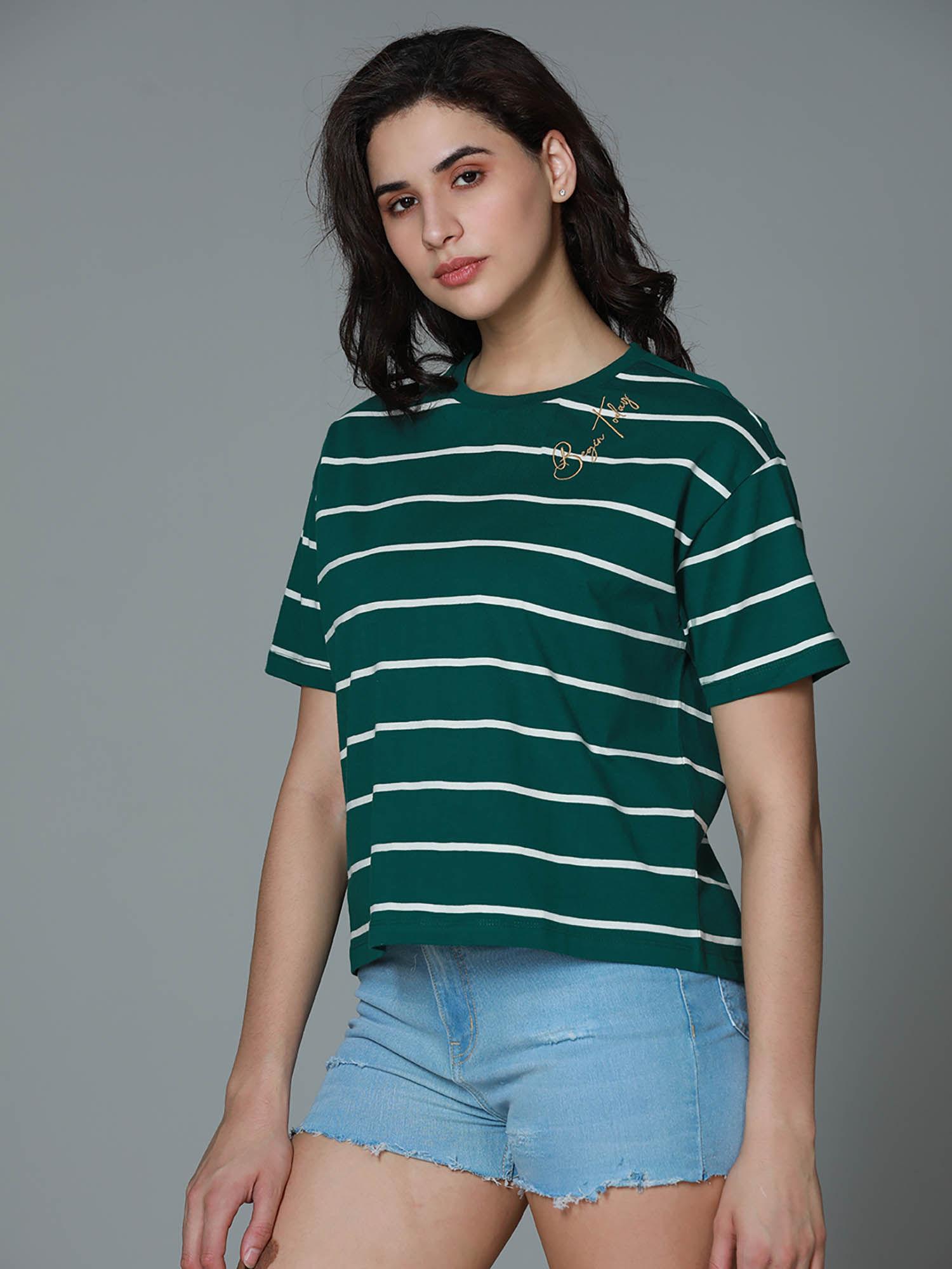 women summer round neck stripes boxy green t-shirt