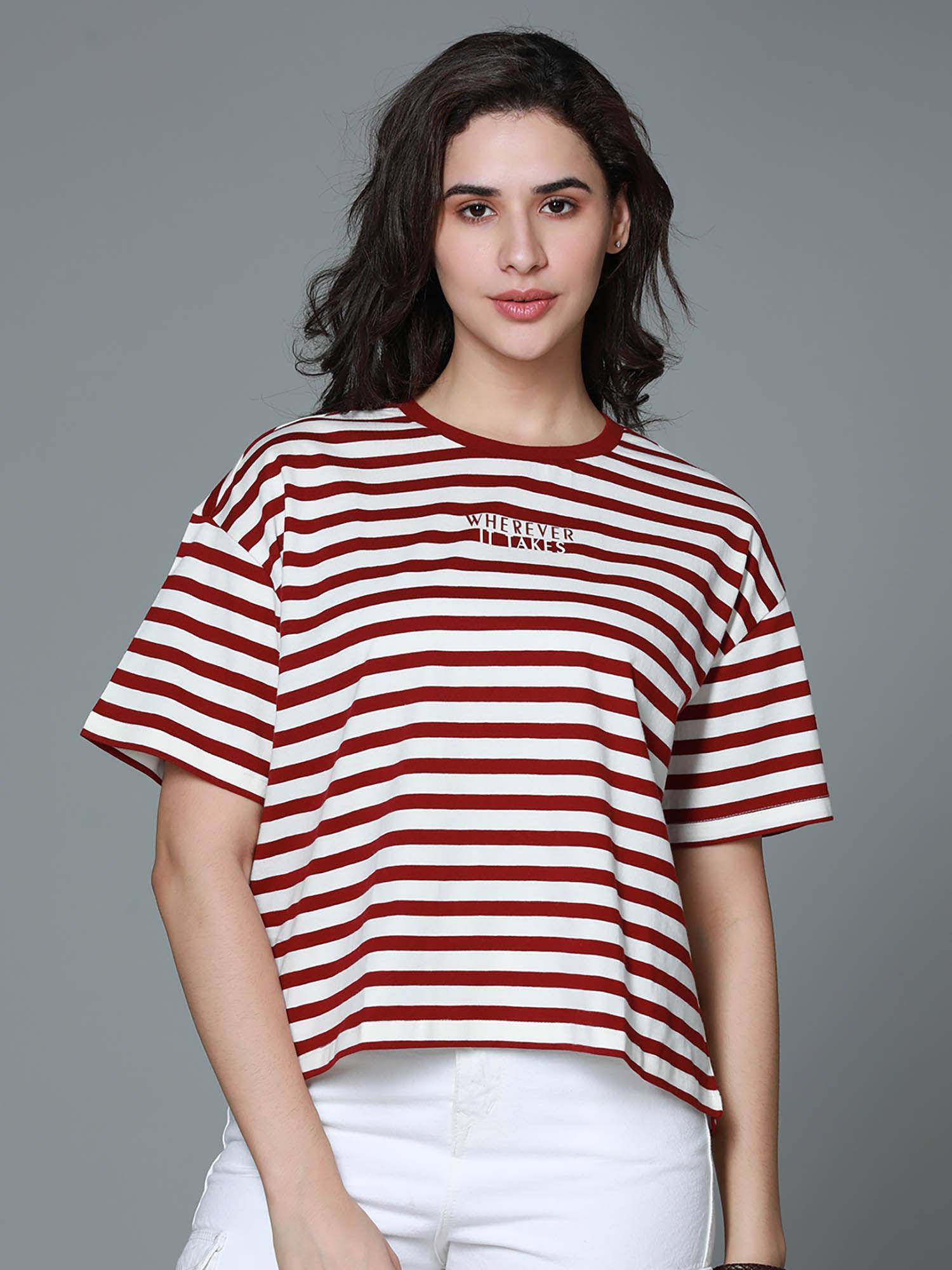 women summer round neck stripes boxy red t-shirt