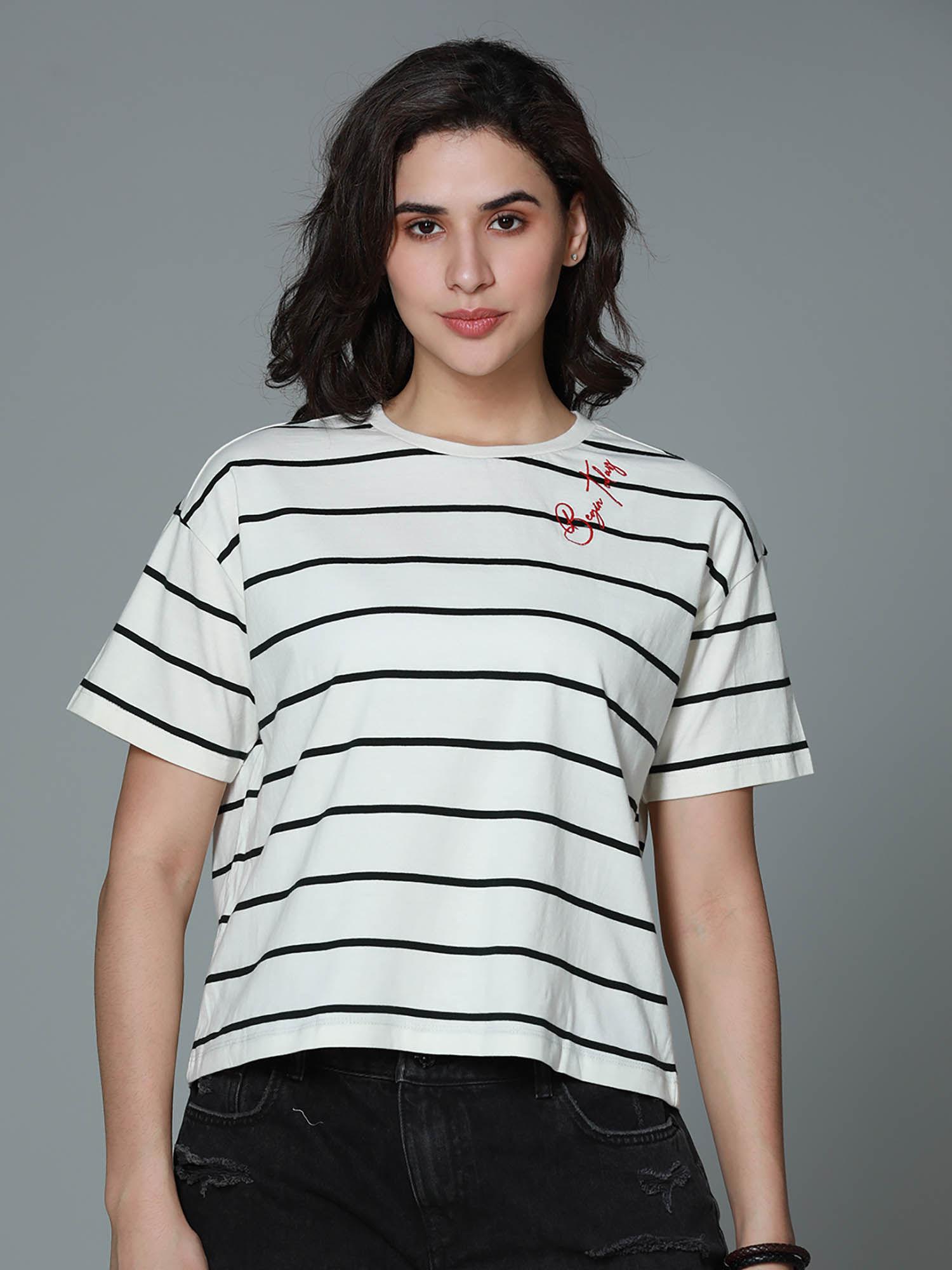 women summer round neck stripes boxy white t-shirt