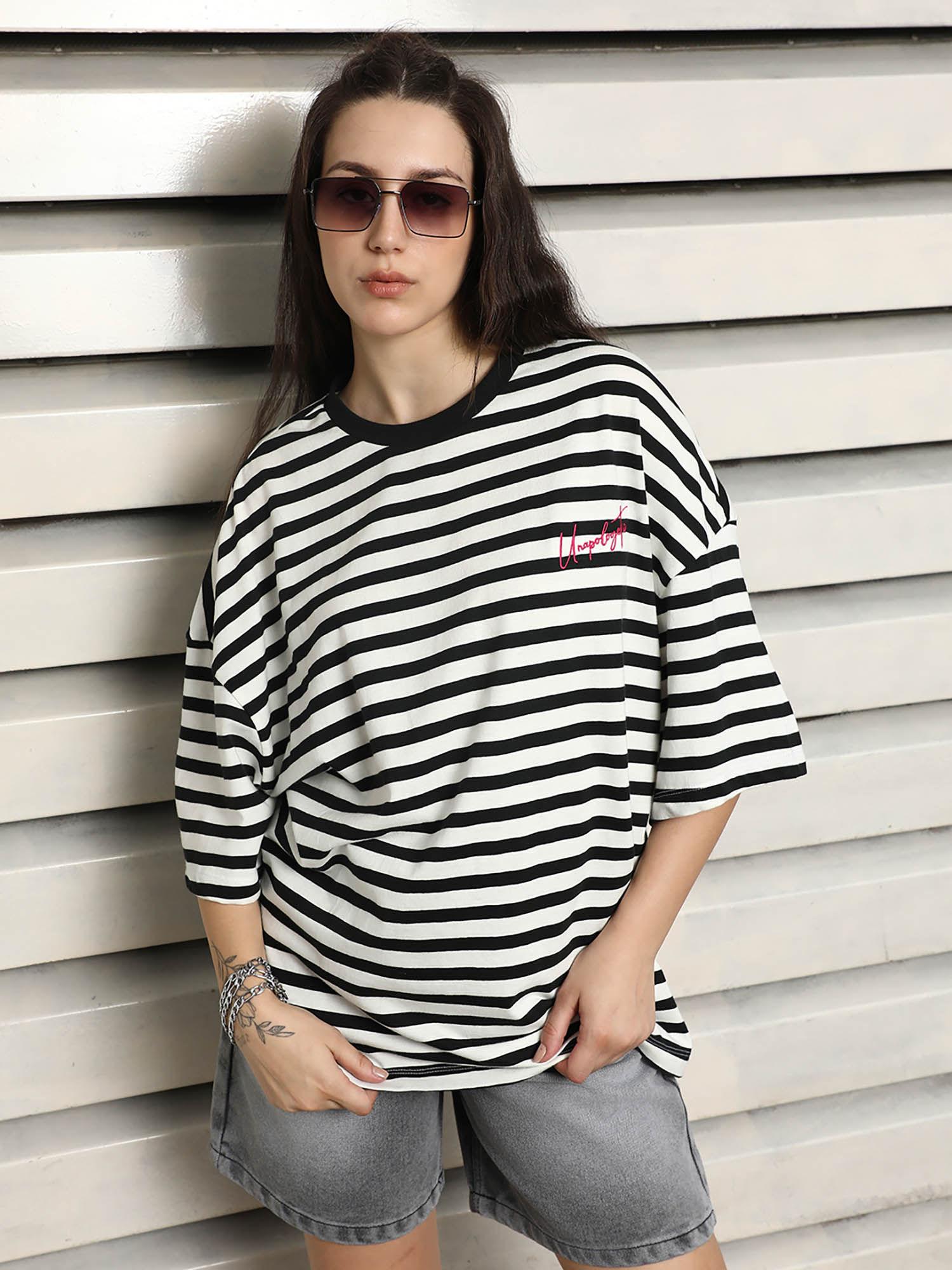 women summer round neck stripes oversized black t-shirt