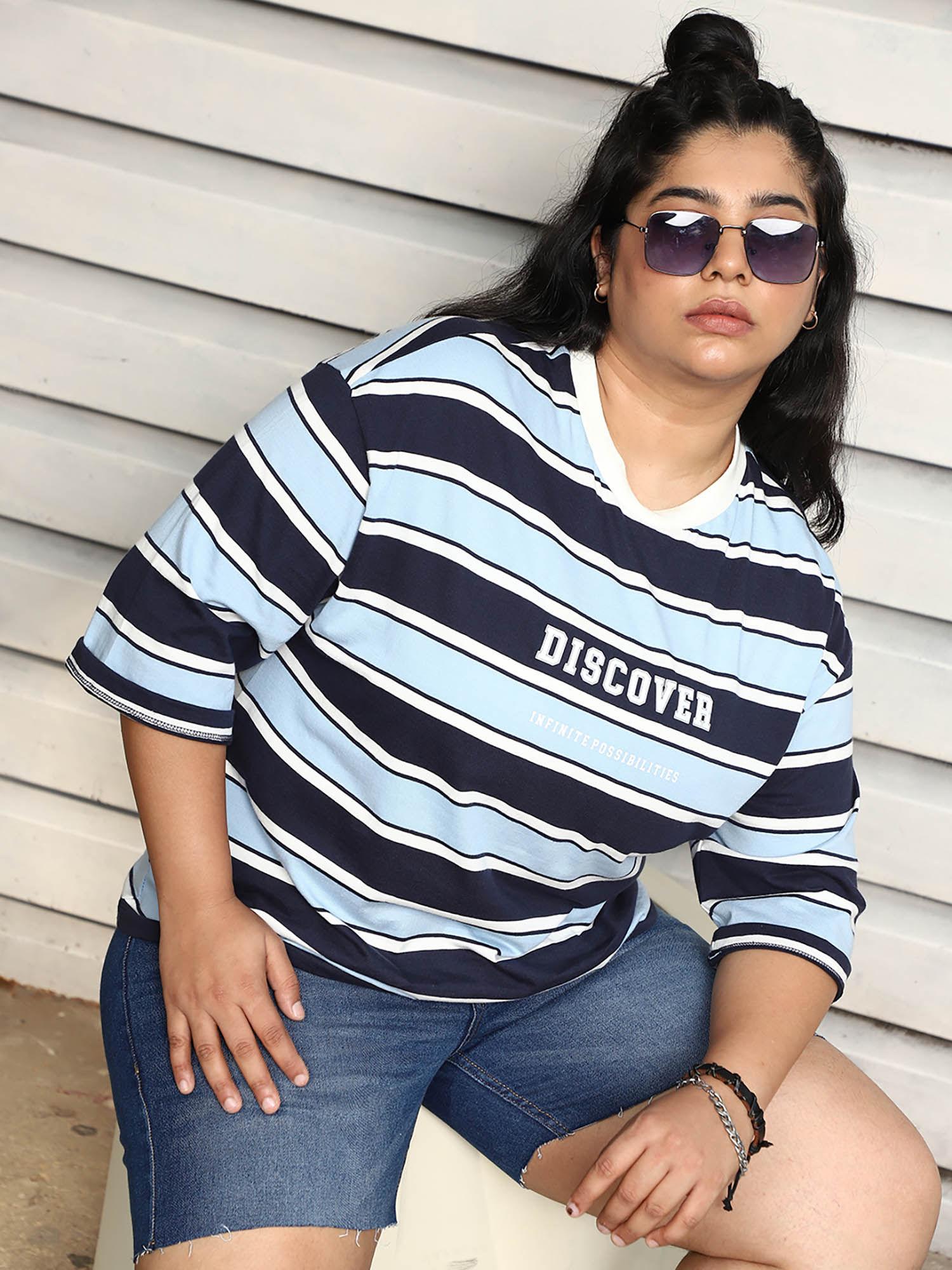 women summer round neck stripes oversized blue t-shirt