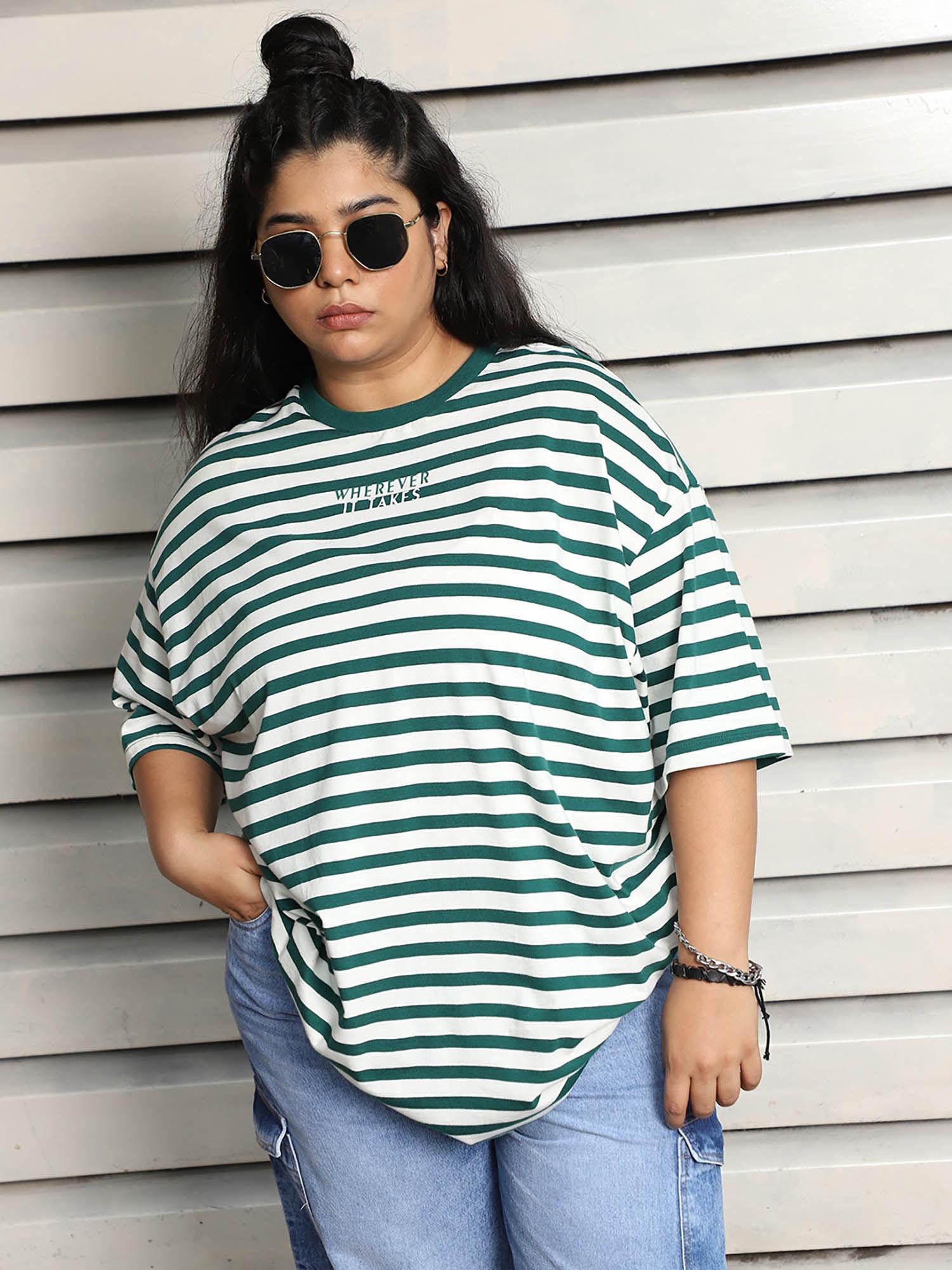 women summer round neck stripes oversized green t-shirt