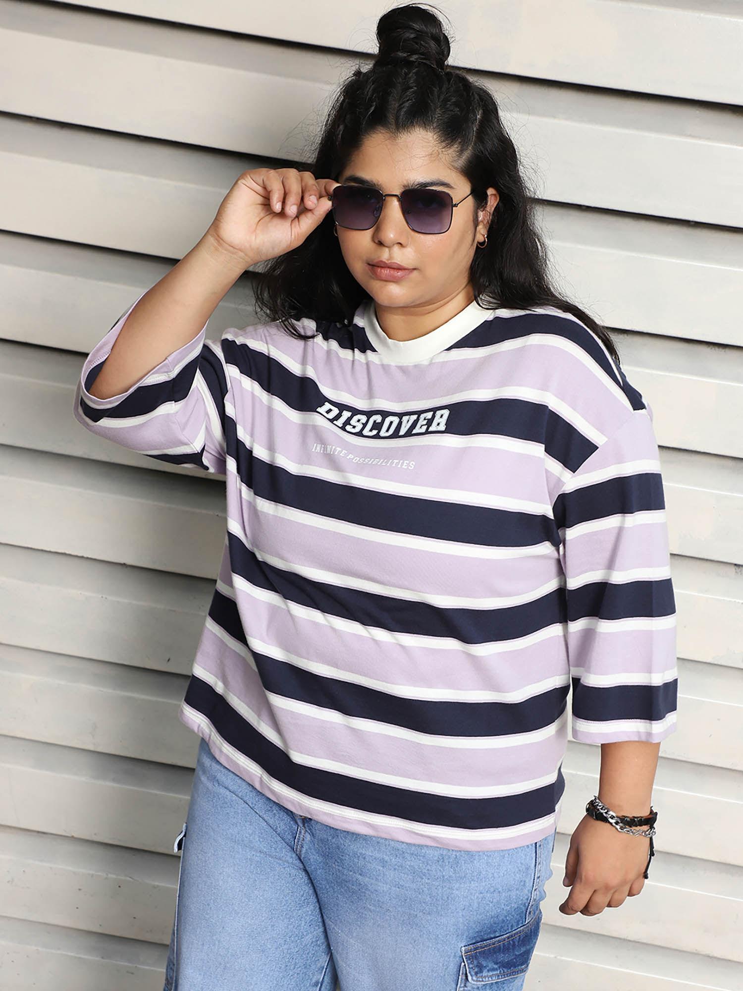 women summer round neck stripes oversized lavender t-shirt