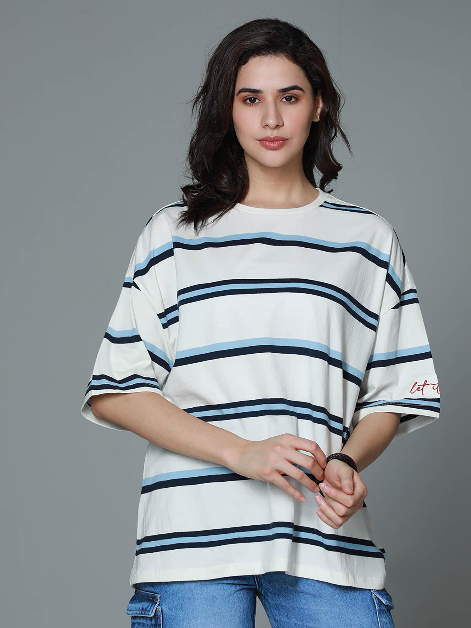 women summer round neck stripes oversized white t-shirt