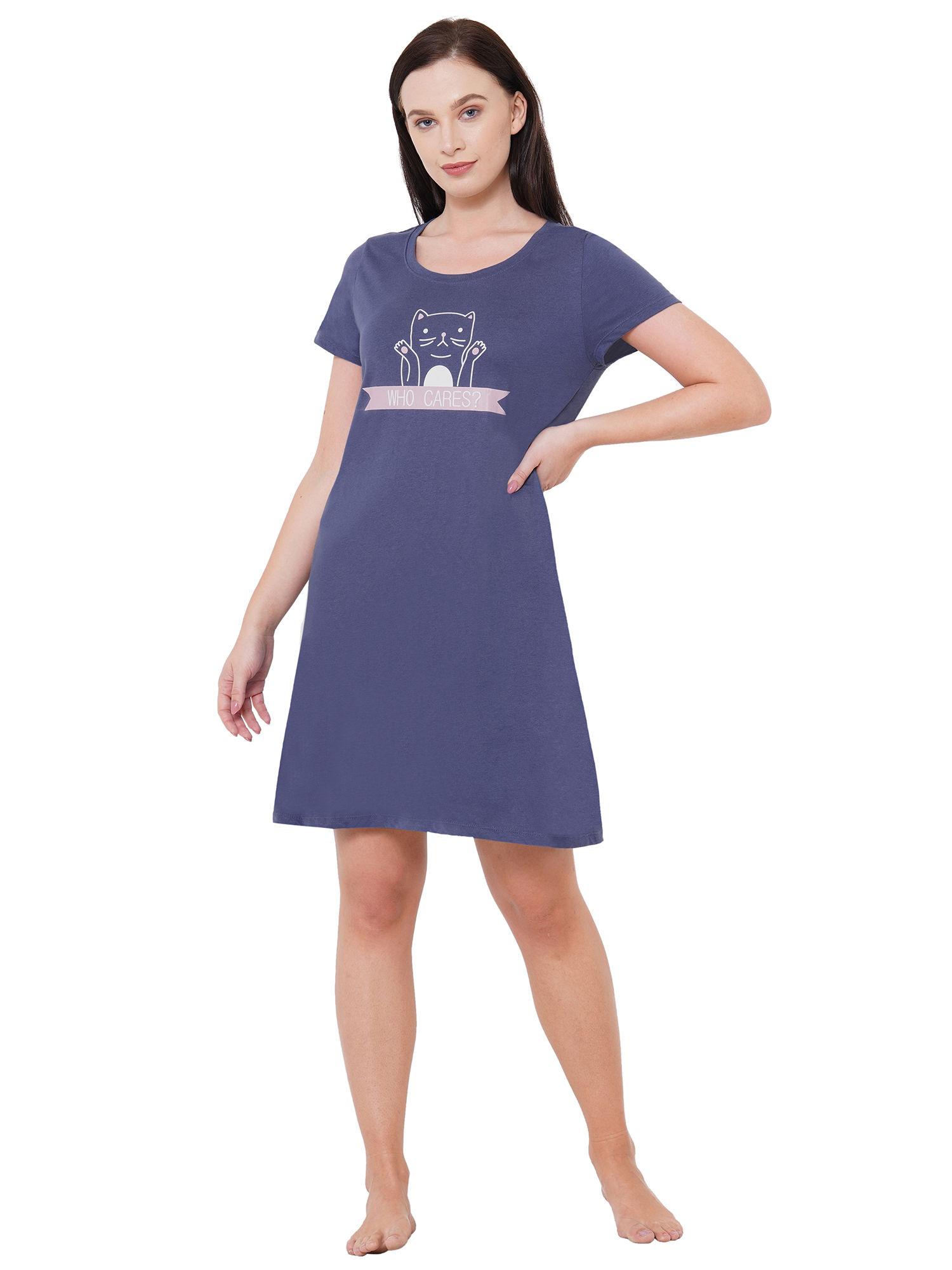 women super-soft cotton modal knee length nightdress - blue