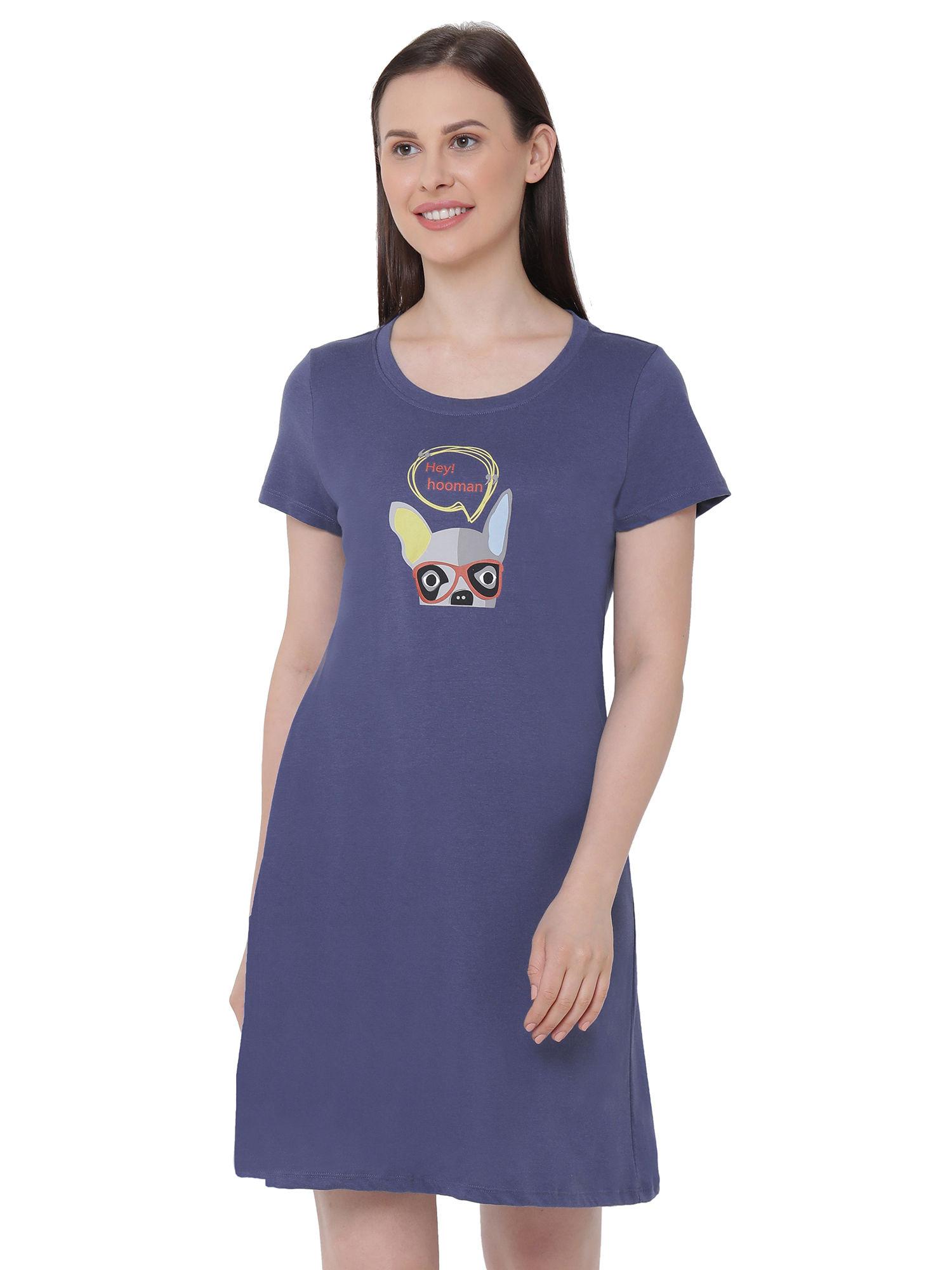 women super-soft cotton modal knee length nightdress - blue