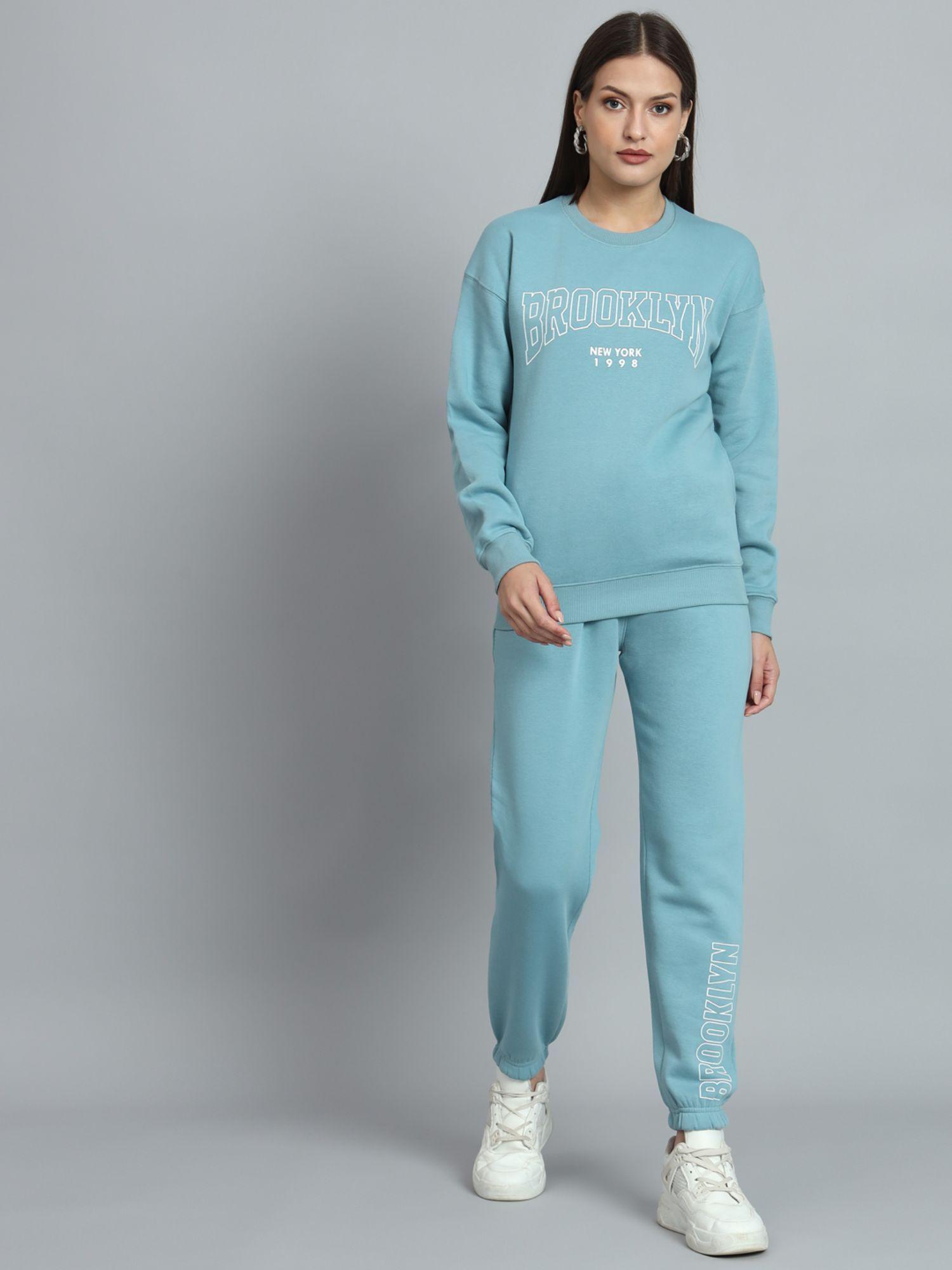 women surf blue fleece round neck sweatshirt and pant (set of 2)