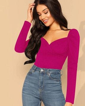 women sweetheart-neck top with puff sleeves